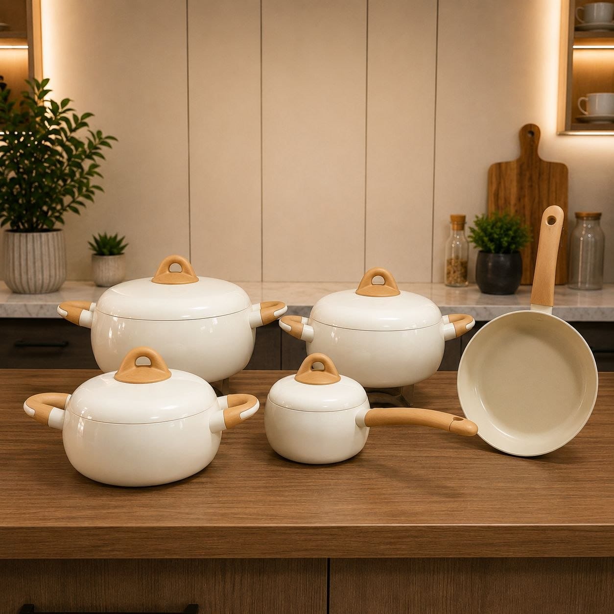 Nordic Minimalist Cream & Wood-Finish Cookware Set